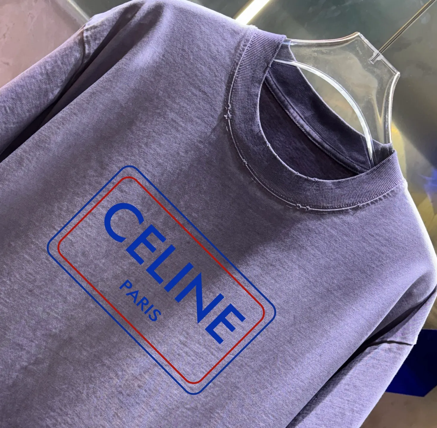 Celi*ne Celine Celin 2026 Spring and Summer Simple Letters Personalized Logo Customized Double Yarn Plain Cotton Fabric Short-sleeved T-shirt Men and Women Same Style Hangtag Collar Label Washed Mark Three Complete Labels Colors: Washed Black Washed White Washed Gray Washed Purple Sizes: S M L XL XXL